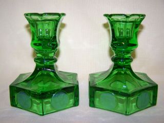 Fostoria Emerald Green Coin Glass 1372 4 3/4 " Candle Sticks 1958 - 1982