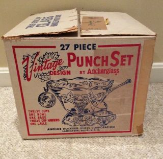 Vintage 27 Piece Anchor Hocking Crystal Punch Bowl Set Box Grape Design