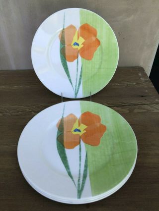 Rare Set Of 4 Corelle Luxe Fiore Green Dinner Plates 10 3/4 " Orange Flower