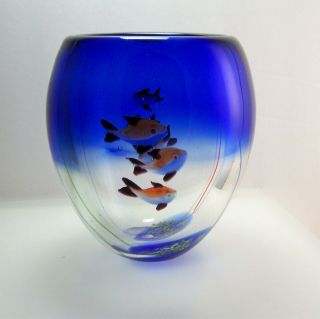 Murano Glass Under The Sea Vase Cobalt Blue,  Fish Hand Blown Glass Vtg 1980 