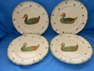 Set Of 4 Cantagalli Firenze 11 " Dinner Plates Cream W/ Green Ducks Hand Painted