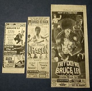 3 Kung Fu 1979 - 80 Newspaper Ads / Bruce Lee / Bruce Li / Bruce Ly