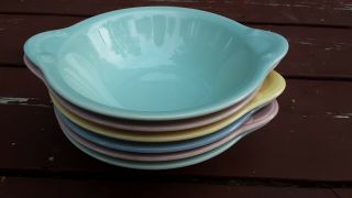 Six Glossy Pristine Luray Pastels Lug Soup Bowls Multicolor Collectible Antique