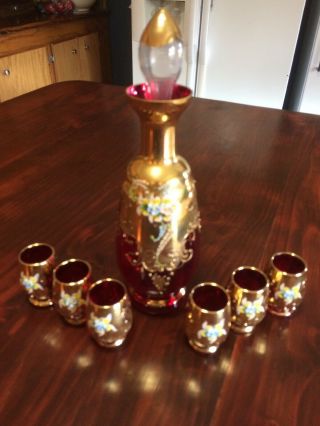 Vintage Antique Bohemian Decanter & 6 Cordial Drink Glass Gold Gilt Hand Painted
