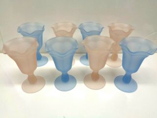 8 Rare Vintage Pink & Blue Frosted Glass Sundae Parfait Ice Cream Dishes