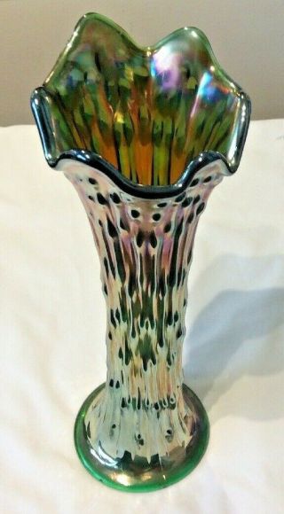 Fenton Ribbed Carnival Vase April Showers Iridescent Green Base 10 - 3/4 " Tall