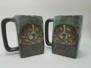 Set Of 2 Art Pottery Mugs Cups Dogs Puppies Square Bottom Signed Mana Mava Mara