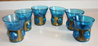 6 Vtg Mid - Century Turquoise Blue Crackle Glass Tumblers / Glasses Barware Cockt