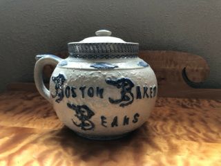 Antique Stoneware Boston Baked Beans Pot Grey And Blue Crock