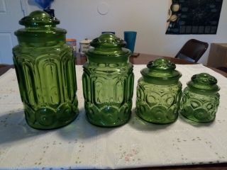 Le Smith Green Moon And Stars 4 Canisters Set W/ Lids Vintage 8 Pc