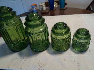 LE Smith Green Moon and Stars 4 Canisters Set w/ Lids Vintage 8 pc 2