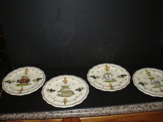 Antique Vintage French Art Pottery 4 Chenonceaux Fait Main Fleur De Lis Plates