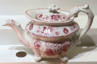 Antique Staffordshire Toy Teapot,  Red Floral Transfer,  C.  1850