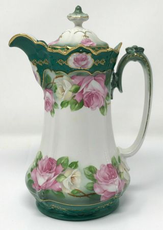 Antique M & Z Austria Pink Roses Porcelain Chocolate Pot