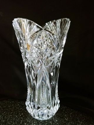 Heavy Round Tulip Cut Glass Clear Lead Crystal Vase 11 3/4 " Tall