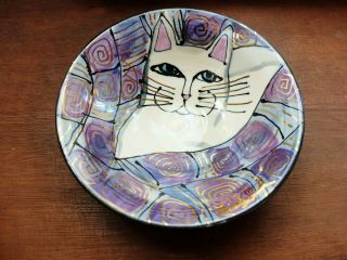 Vintage Cindy Jenkins Hand Painted Studio Pottery White Cat Blue Eyes Bowl