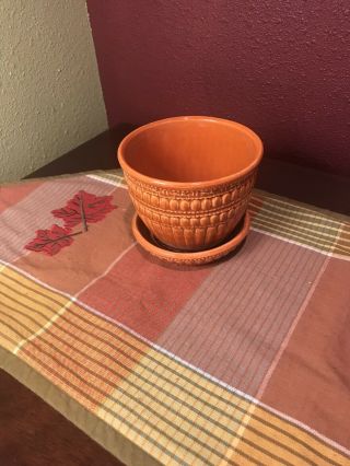 Mccoy Usa Orange Planter Attached Saucer Art Pottery Flower Pot Vintage Mcm