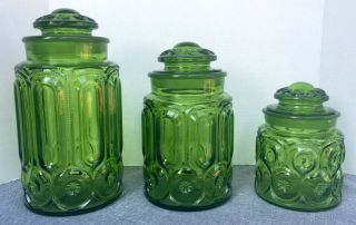 Vintage L.  E.  Smith Moon & Stars Green Glass Canisters Set Of 3 Apothecary Jars