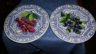 Gien France Oiseau Bleu Two 8 5/8 Inch Plates Fruit Design Cherries Blackberri