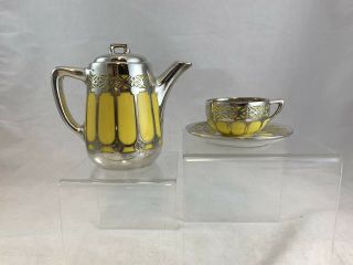 Rosenthal Pure 1000 Silver Overlay Yellow Demitasse Cup & Saucer With Creamer
