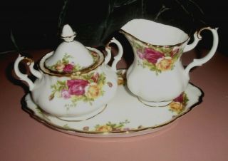 Royal Albert Old Country Roses Cream Creamer Sugar Bowl Tray 3 Piece Set