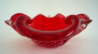 Vintage Murano Art Glass Dish Red And Clear With Controlled Bubbles
