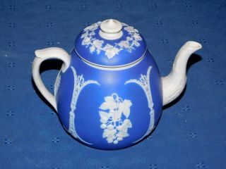 Wedgwood Jasperware Blue Tea Pot White Handle Spout & Finial Vintage England