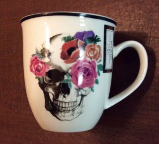 Ciroa Wicked Floral Pink Roses Skull Coffee Mugs / Cups Set Of 4 Wicked