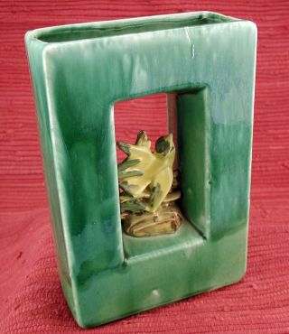 Vintage Mccoy Art Pottery Green Rectangular Planter / Vase With Yellow Bird