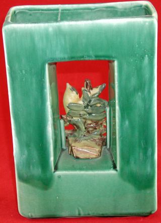 Vintage McCoy Art Pottery Green Rectangular Planter / Vase With Yellow Bird 2