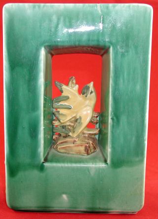 Vintage McCoy Art Pottery Green Rectangular Planter / Vase With Yellow Bird 3