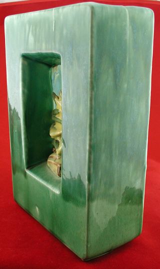 Vintage McCoy Art Pottery Green Rectangular Planter / Vase With Yellow Bird 4