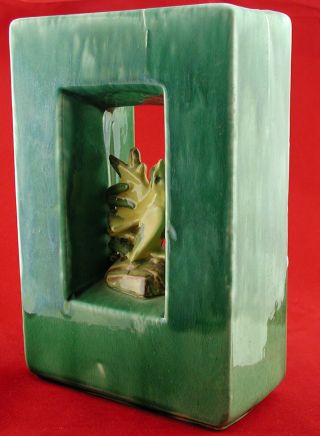 Vintage McCoy Art Pottery Green Rectangular Planter / Vase With Yellow Bird 5
