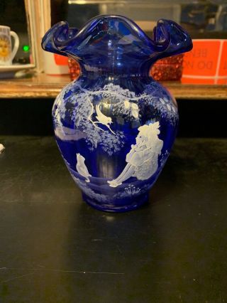 Blue Fenton Hand Painted Vase Signed And Numbered