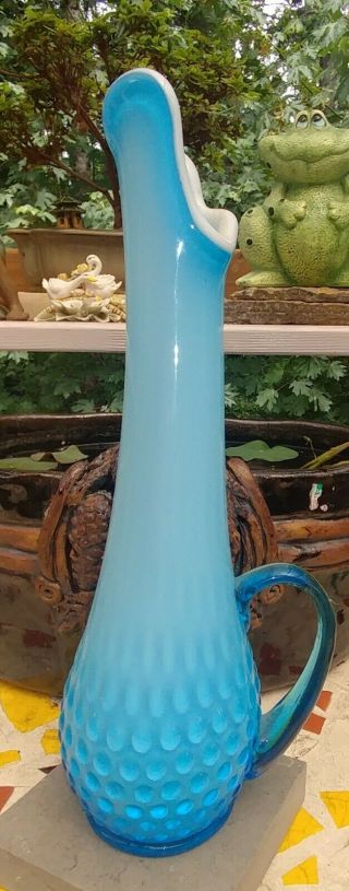 11” Fenton Blue & White Slag Glass Hobnail Stretch Swung With Handler Vase