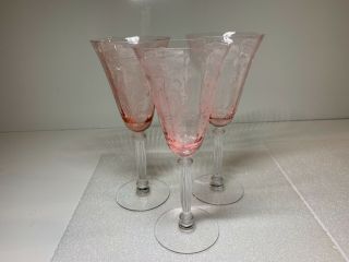 Tiffin Franciscan Set Of 3 Water Goblets Flanders Poppy Flower Etched Pink Glass