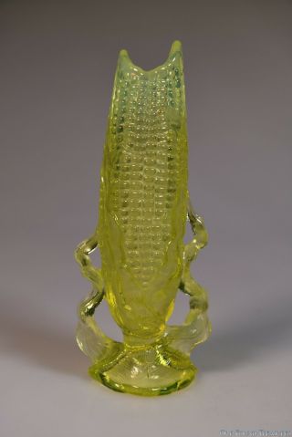 C.  1902 Corn By National Glass (northwood) Canary Vaseline Opal.  Novelty Vase