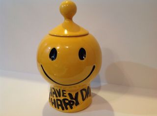 Vtg McCoy Smiley Face Have a Happy Day Yellow Cookie Jar 1970 ' s Emoji NO CHIPS 7