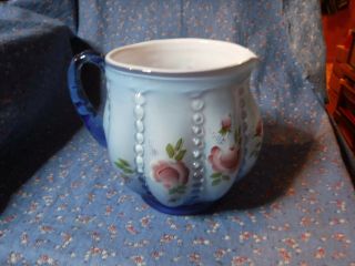 Fenton Blue White Cased Glass Pitcher Hand Painted Flowers 5 1/4 " Hig