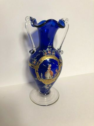 Rare Antique Mouth Blown Cobalt Blue Gilt Enamel Murano Italy Salviati Vase 7.  5 "