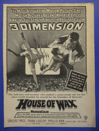 1953 House Of Wax 3 - D Vincent Price Movie Film Ad Science Fiction Sci - Fi Monster