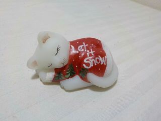 Fenton Glass Christmas White Satin Sleeping Kitten Cat Figurine " Let It Snow "