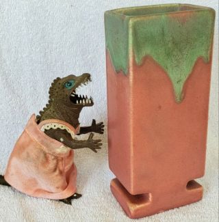 Muncie Pottery Art Deco Rectangular Vase Mauve W Matte Green Overspray