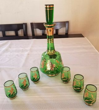 Mid Century Bohemia Czechoslovakia Crystal Bohemian Decanter Set 6 Glasses Green
