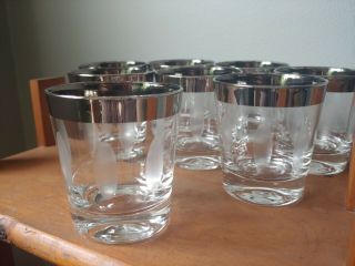 Set Of 8 Mid - Century Silver Rim Etched Old Fasioned Lowball Rocks Barware