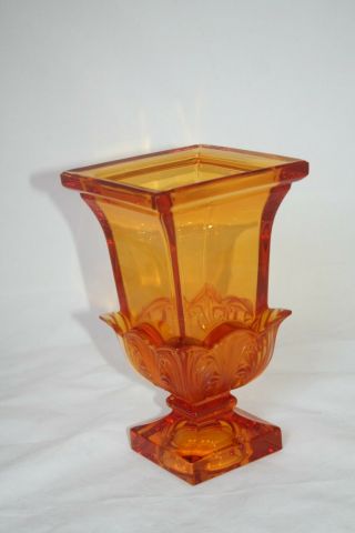 Germany 24 Lead Crystal Amber Glass Square Pedestal Vase Art Deco Floral Motif 2