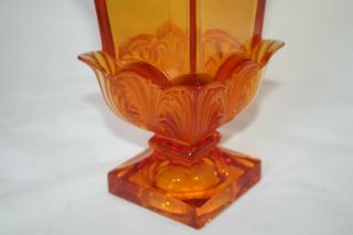 Germany 24 Lead Crystal Amber Glass Square Pedestal Vase Art Deco Floral Motif 5