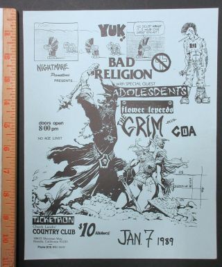 Bad Religion Country Club Reseda 1989 Punk Concert Flyer Adolescents Grim