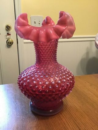 Fenton Cranberry Hobnail Opalescent Large Ruffled Vase,  Large Oval Marking