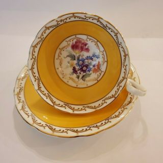 Aynsley Teacup And Saucer Yellow And Gold Floral Bone China